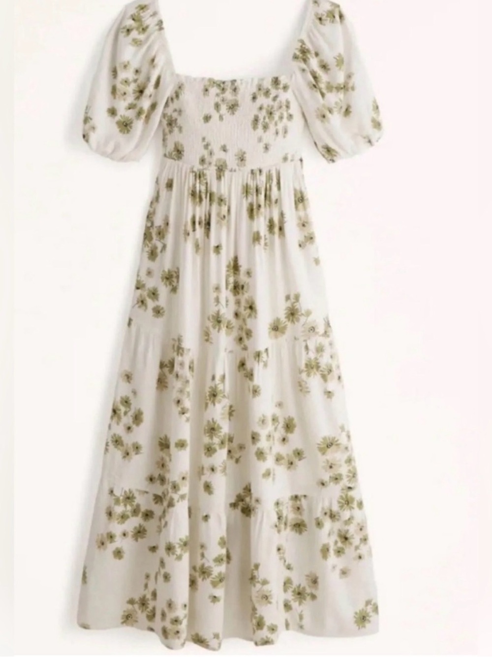 Abercrombie & Fitch Puff-Sleeve Smocked Floral Maxi Dress – Ivory/Olive Green